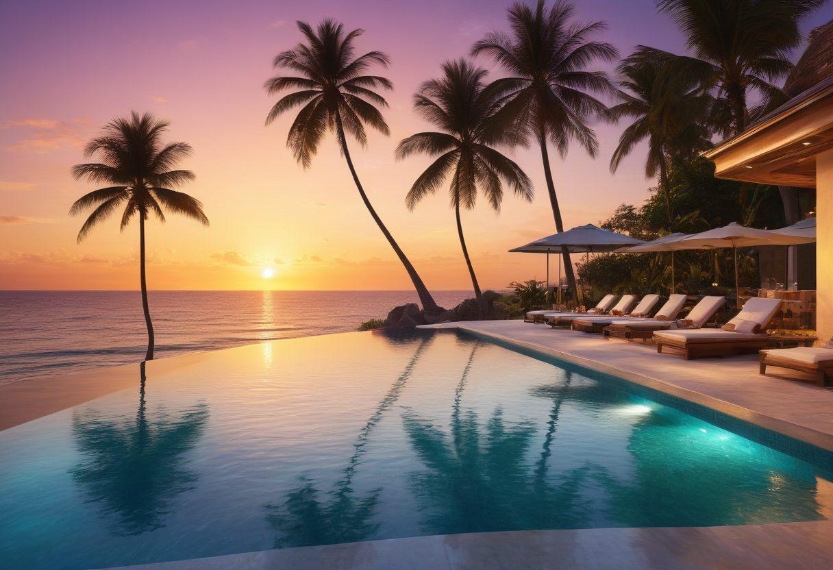 A luxurious beach resort with an infinity pool overlooking crystal-clear waters, elegantly dressed travelers sipping cocktails, palm trees swaying in the breeze, and a stunning sunset in the background. This scene should radiate opulence, relaxation, and escape, inviting readers to envision their perfect luxury vacation. super-realistic. vibrant colors. serene ambiance.