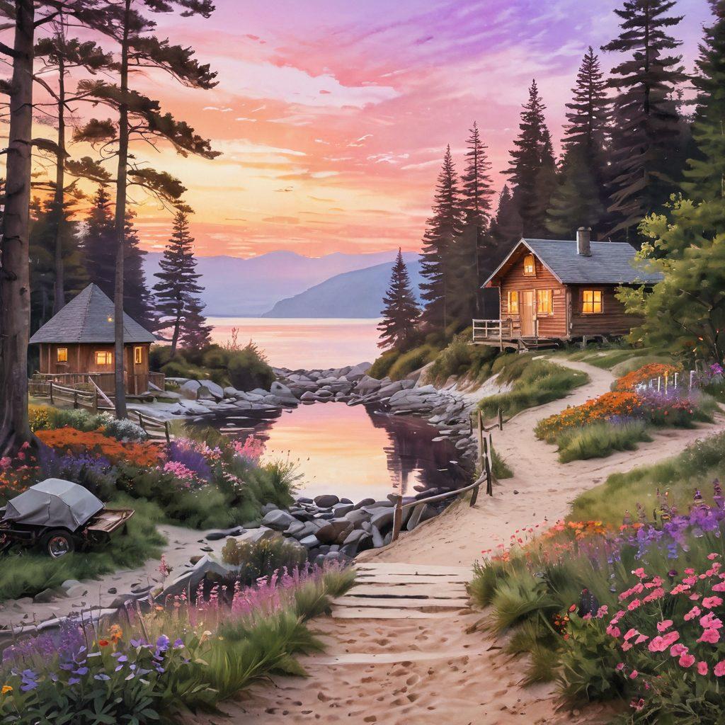 A picturesque landscape featuring a serene beach at sunset, with a winding path leading to a cozy cabin surrounded by lush trees. In the foreground, a couple is enjoying a picnic, surrounded by colorful flowers and travel essentials like a camera and a journal. The sky is painted with warm hues of orange, pink, and purple, evoking a sense of adventure and tranquility. soft focus. watercolor style. vibrant colors.