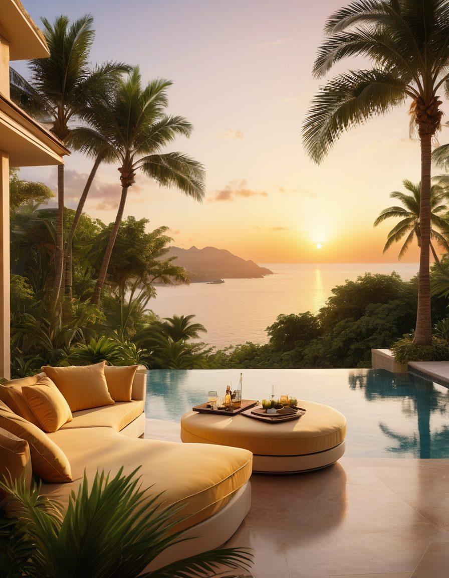 A luxurious villa surrounded by lush greenery, with an infinity pool reflecting the sunset. Elegant outdoor seating with plush cushions and cocktails, and palm trees swaying in the gentle breeze. A serene ocean view in the background, inviting relaxation and indulgence. Soft golden light enhancing the opulence of the setting. super-realistic. vibrant colors. tranquil atmosphere.